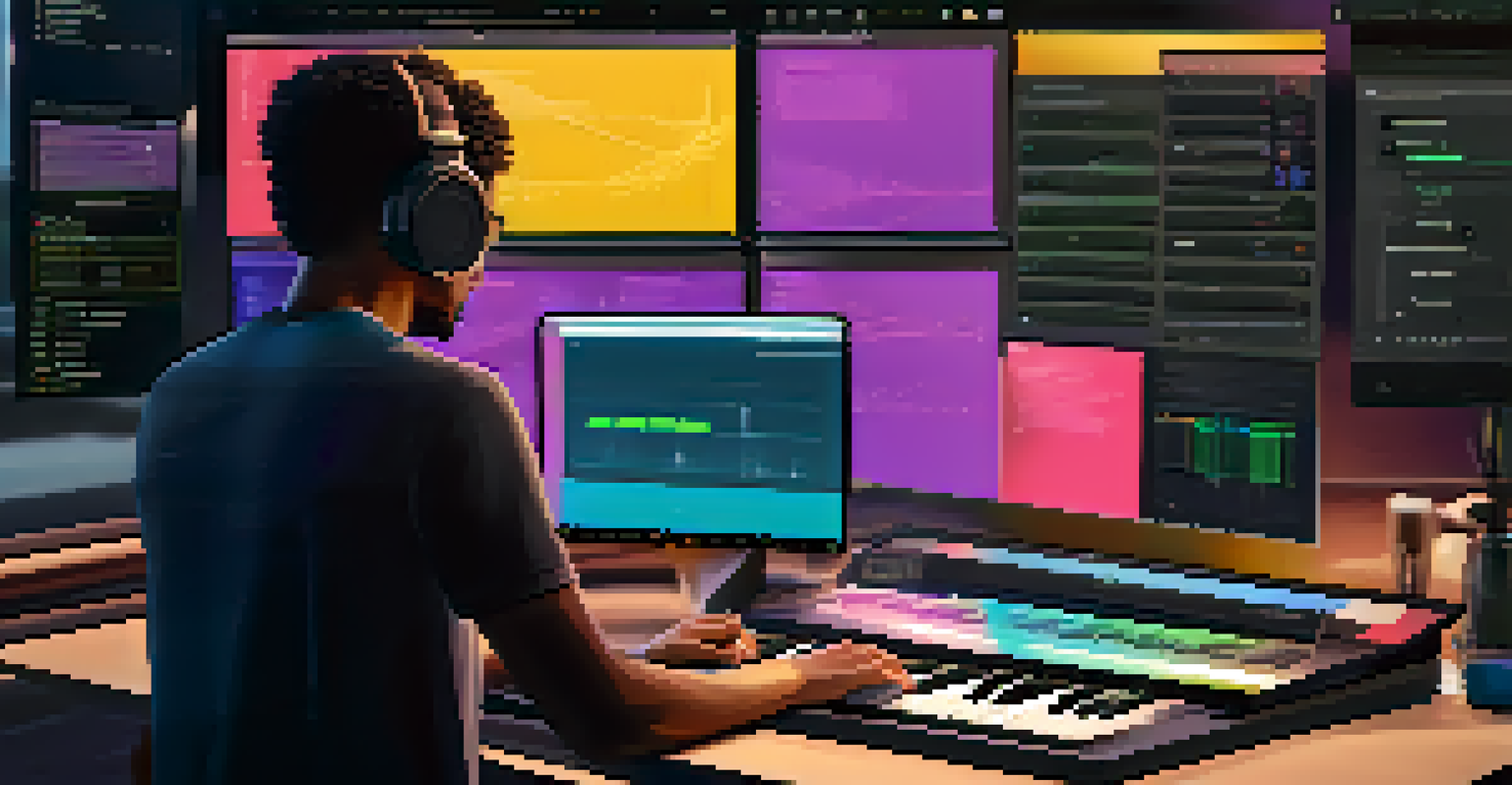 A computer screen showing a music collaboration platform with a guitarist in the background, engaged in the creative process.