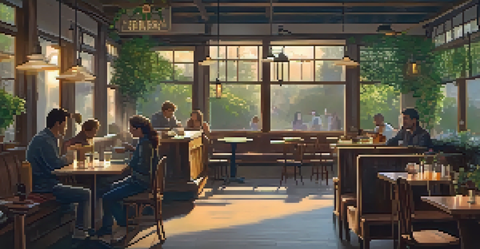 A musician playing acoustic guitar in a warm, cozy café with soft lighting and patrons enjoying their drinks.