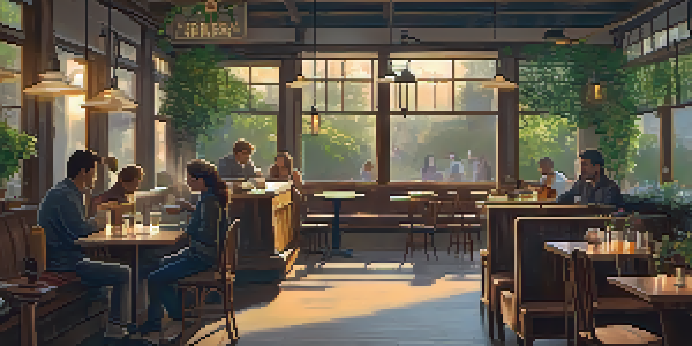 A musician playing acoustic guitar in a warm, cozy café with soft lighting and patrons enjoying their drinks.