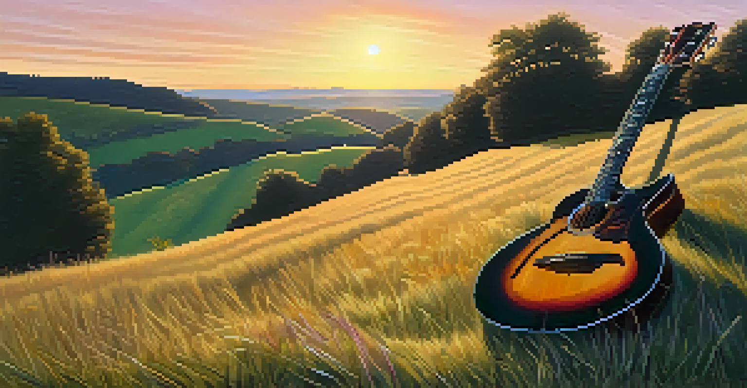 A guitar resting on a grassy hill at sunset, surrounded by a serene landscape.