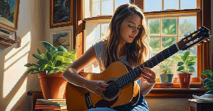A young woman playing an acoustic guitar in a cozy room filled with sunlight and plants.