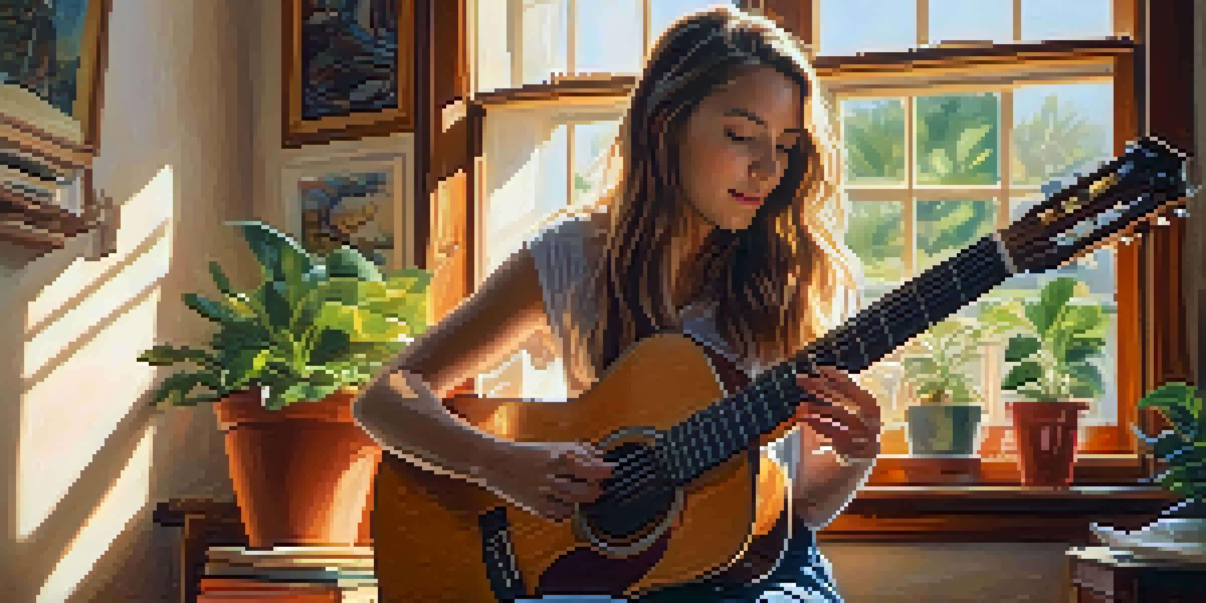 A young woman playing an acoustic guitar in a cozy room filled with sunlight and plants.