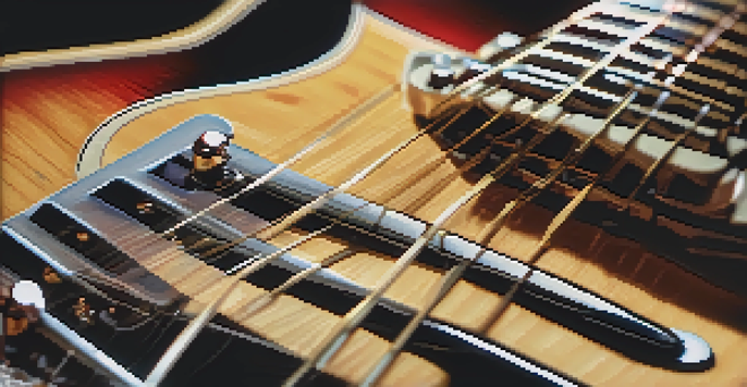 A close-up view of a guitarist's hand sliding on the guitar fretboard, highlighting finger placement and string vibrations.