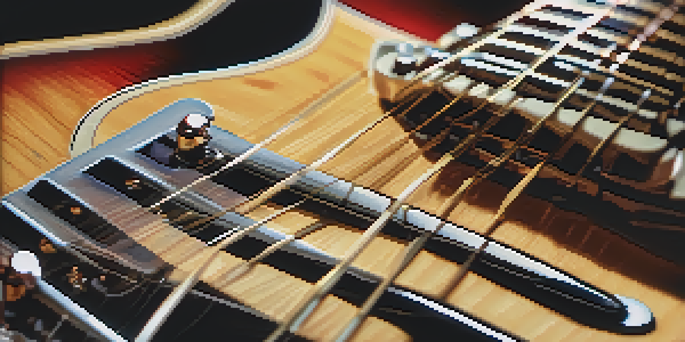 A close-up view of a guitarist's hand sliding on the guitar fretboard, highlighting finger placement and string vibrations.