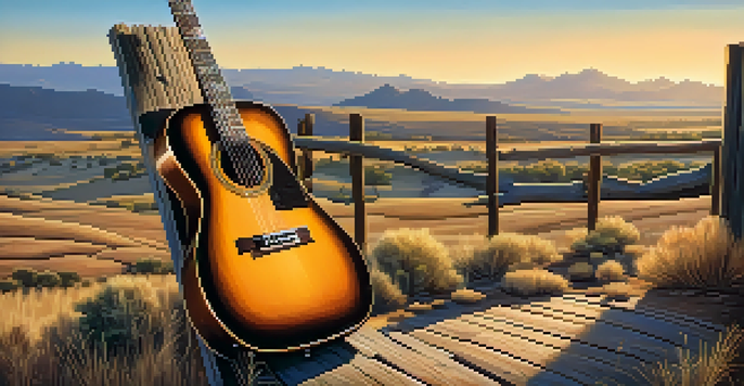 A vintage guitar resting against a wooden fence in a sunlit Wild West landscape with hills and a blue sky.