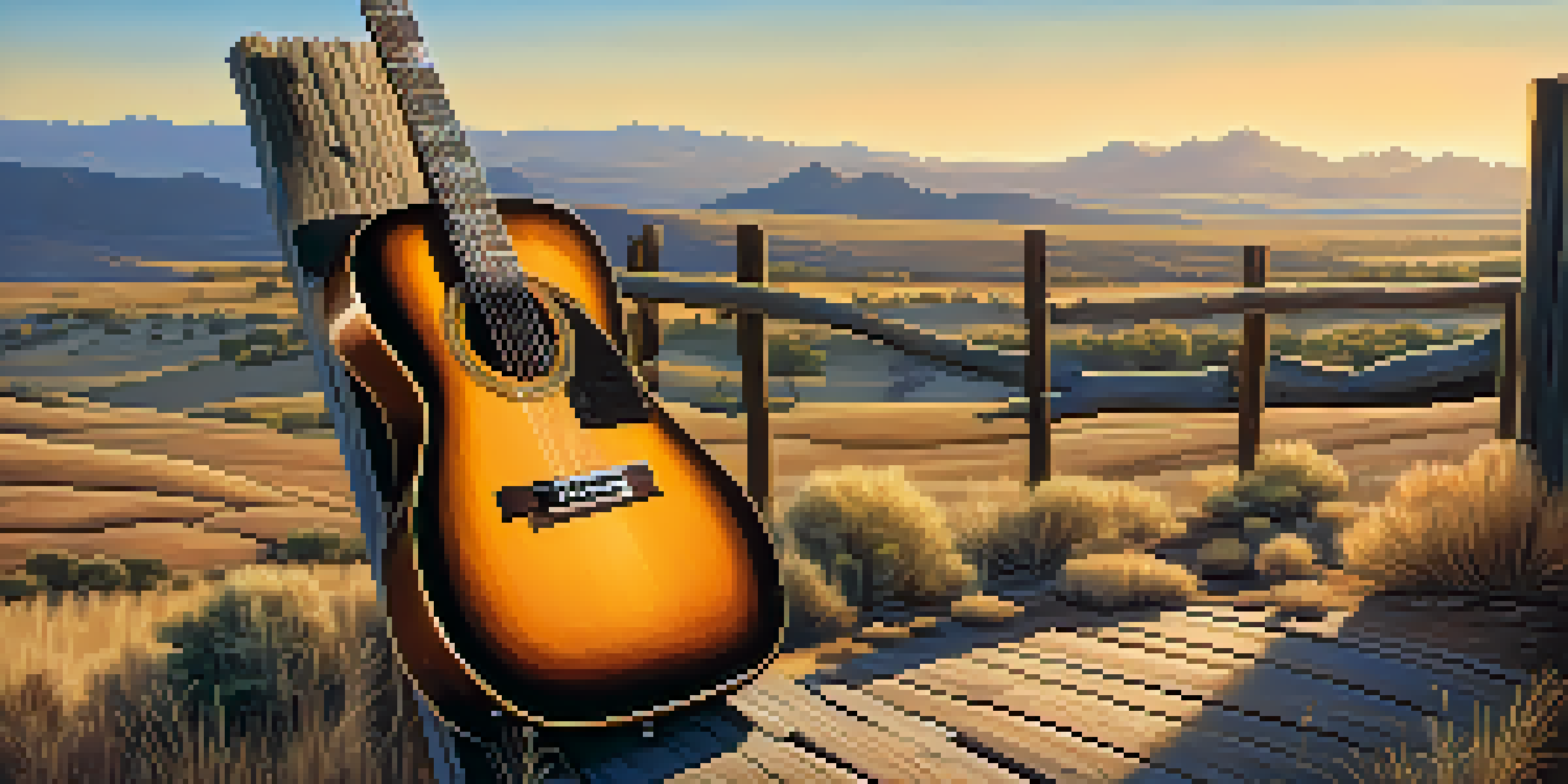 A vintage guitar resting against a wooden fence in a sunlit Wild West landscape with hills and a blue sky.