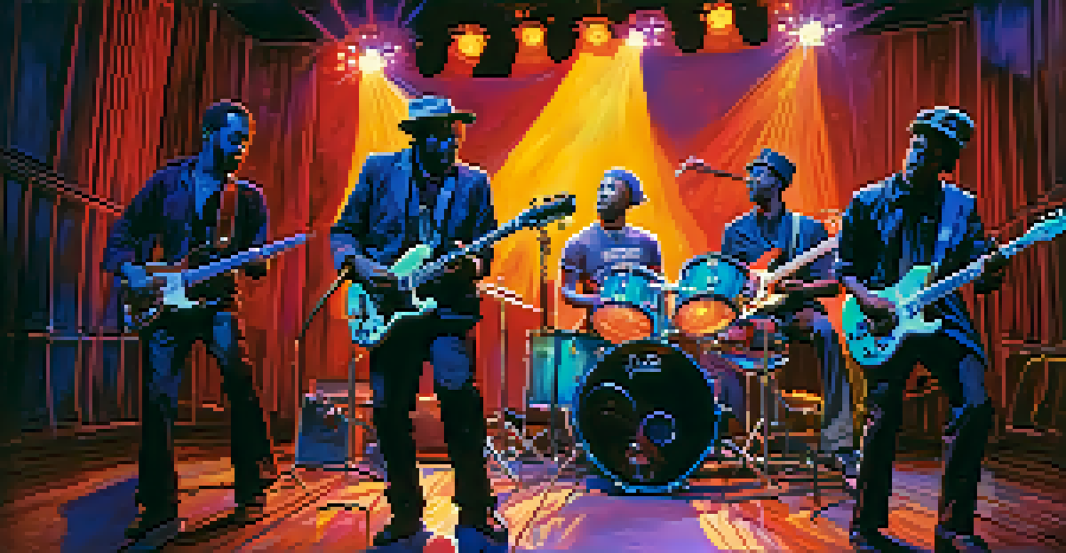 A group of musicians performing blues music on stage, with a lead guitarist and accompanying band members, in a colorful and energetic setting.