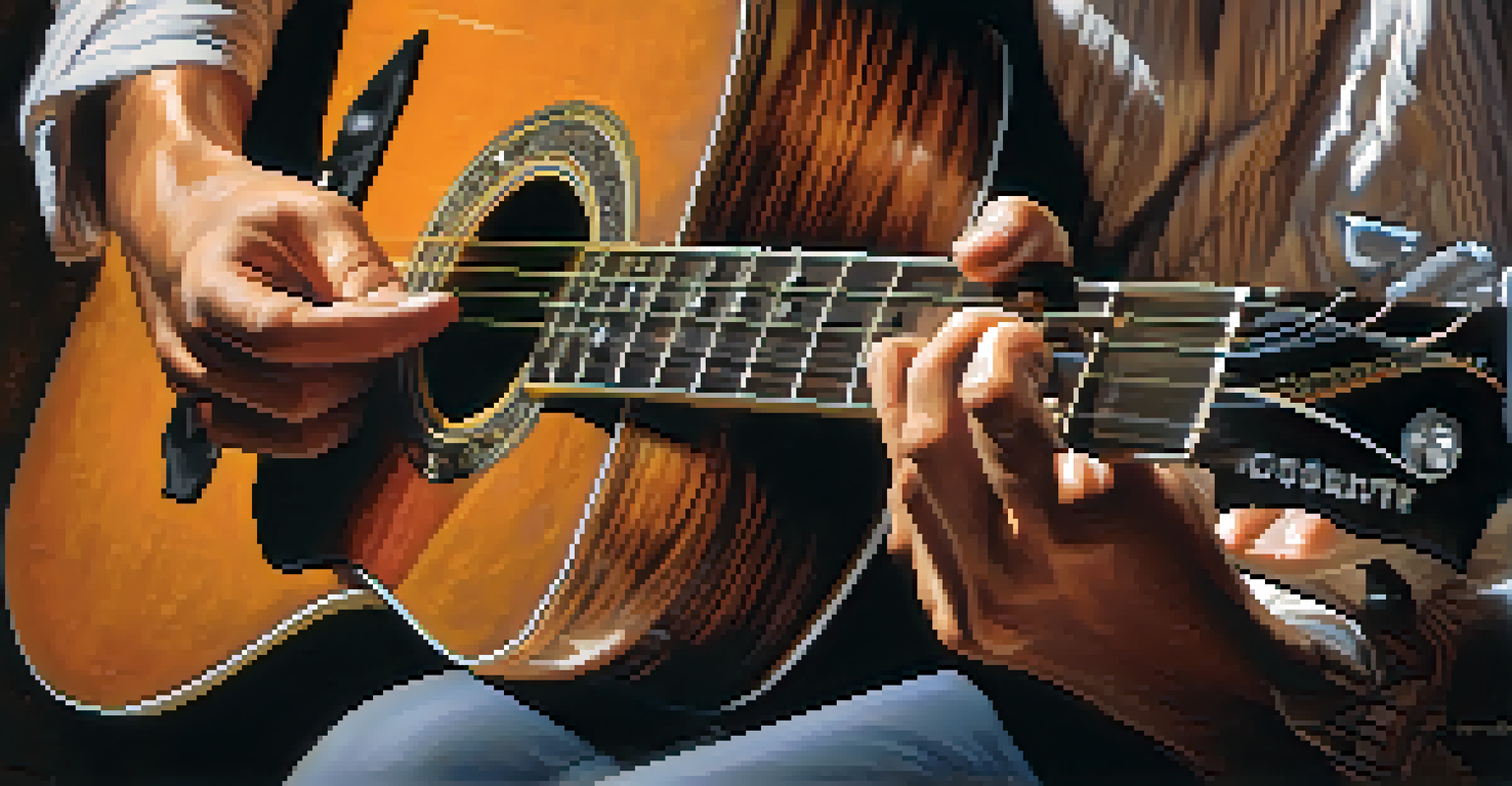 Close-up of a guitarist's hands playing a chord on a beautifully crafted guitar.