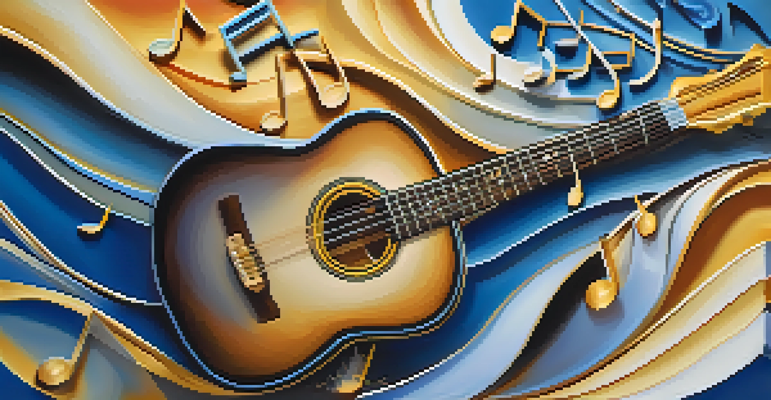 Musical notes flowing from a guitar, depicted in vibrant colors against a gradient background, symbolizing harmony and creativity.