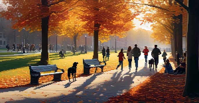 A peaceful park with people jogging, reading, and playing with dogs, surrounded by colorful autumn foliage during sunset.