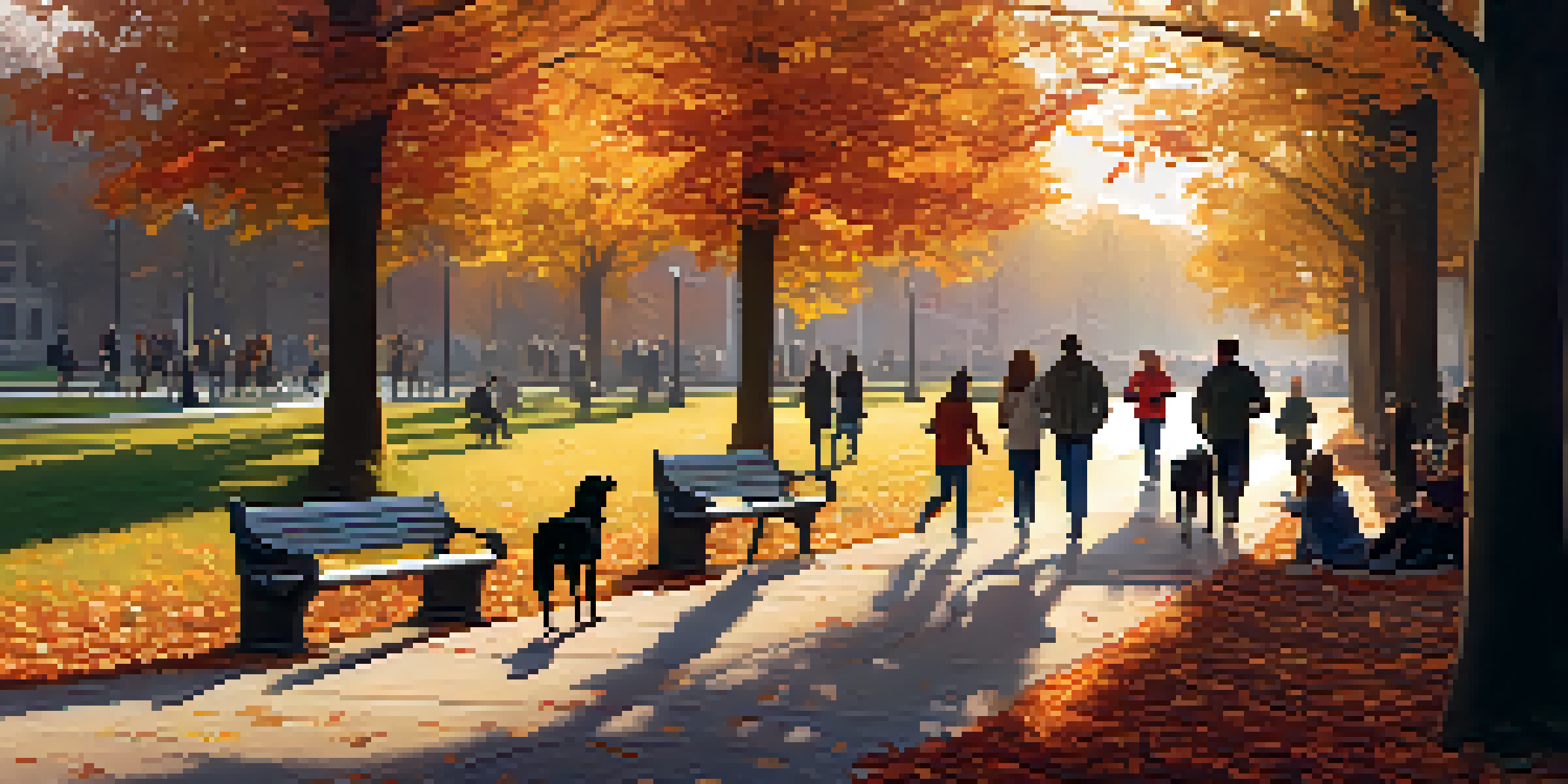 A peaceful park with people jogging, reading, and playing with dogs, surrounded by colorful autumn foliage during sunset.