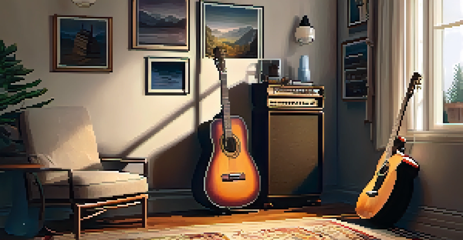 A cozy living room with an open guitar case on the floor, featuring a guitar humidifier inside and warm lighting creating a comforting atmosphere.