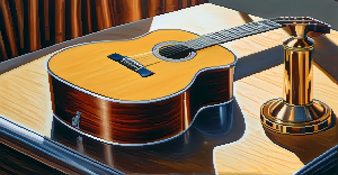 A polished acoustic guitar on a table with sunlight highlighting its finish, accompanied by a microfiber cloth and polish bottle.