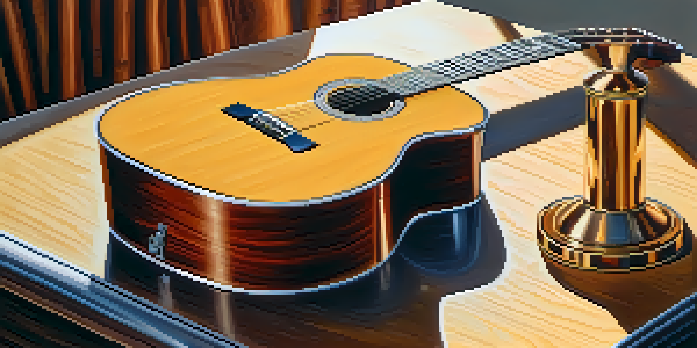 A polished acoustic guitar on a table with sunlight highlighting its finish, accompanied by a microfiber cloth and polish bottle.