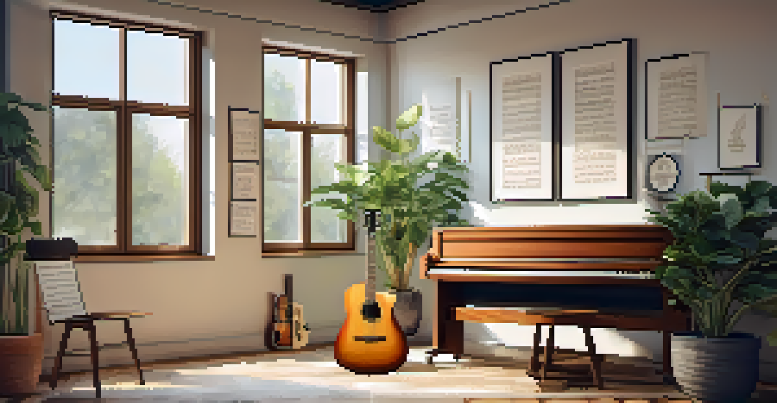 A serene practice area with a guitar, music sheet, and plants, emphasizing a relaxing environment for music learning.