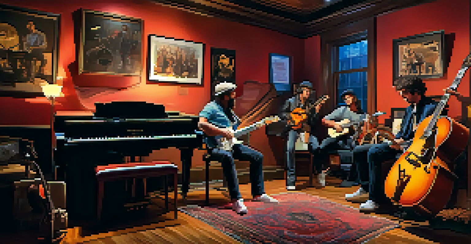 A group of musicians jamming in a cozy room with musical instruments and classic rock posters.