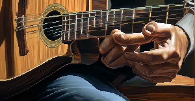 A close-up view of a guitarist's hands playing an acoustic guitar, highlighting the finger placements and the texture of the guitar.