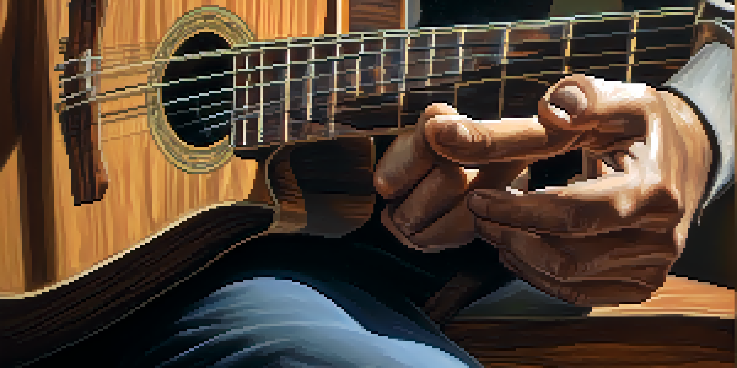 A close-up view of a guitarist's hands playing an acoustic guitar, highlighting the finger placements and the texture of the guitar.