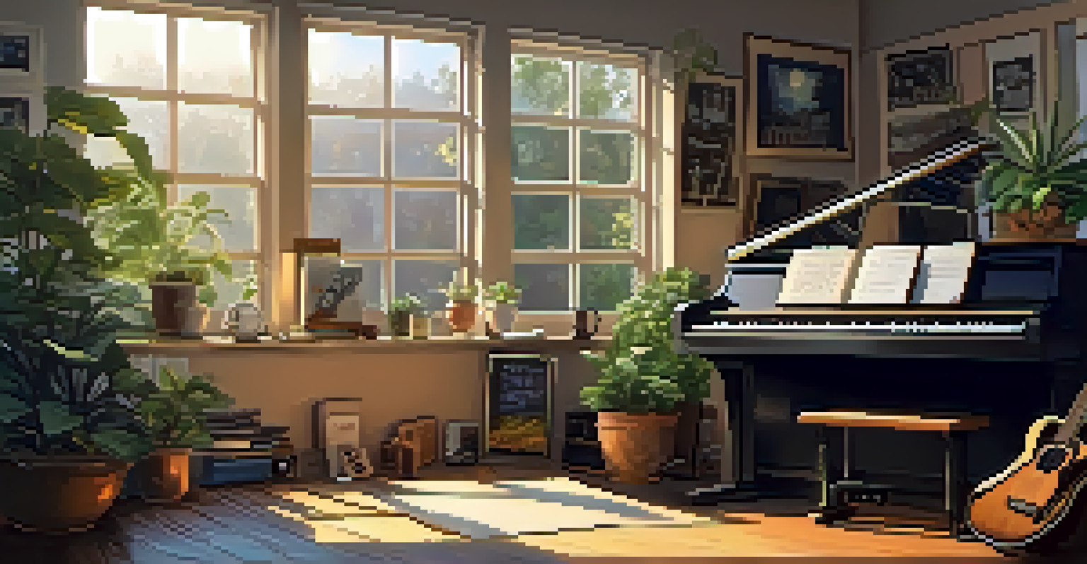 A cozy artist's workspace featuring an acoustic guitar, a notebook with chord progressions, and a cup of coffee, surrounded by plants in soft lighting.