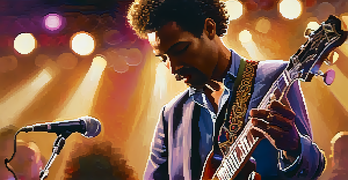 A jazz guitarist performing on stage with warm spotlighting, showcasing an electric guitar and a blurred audience in the background.