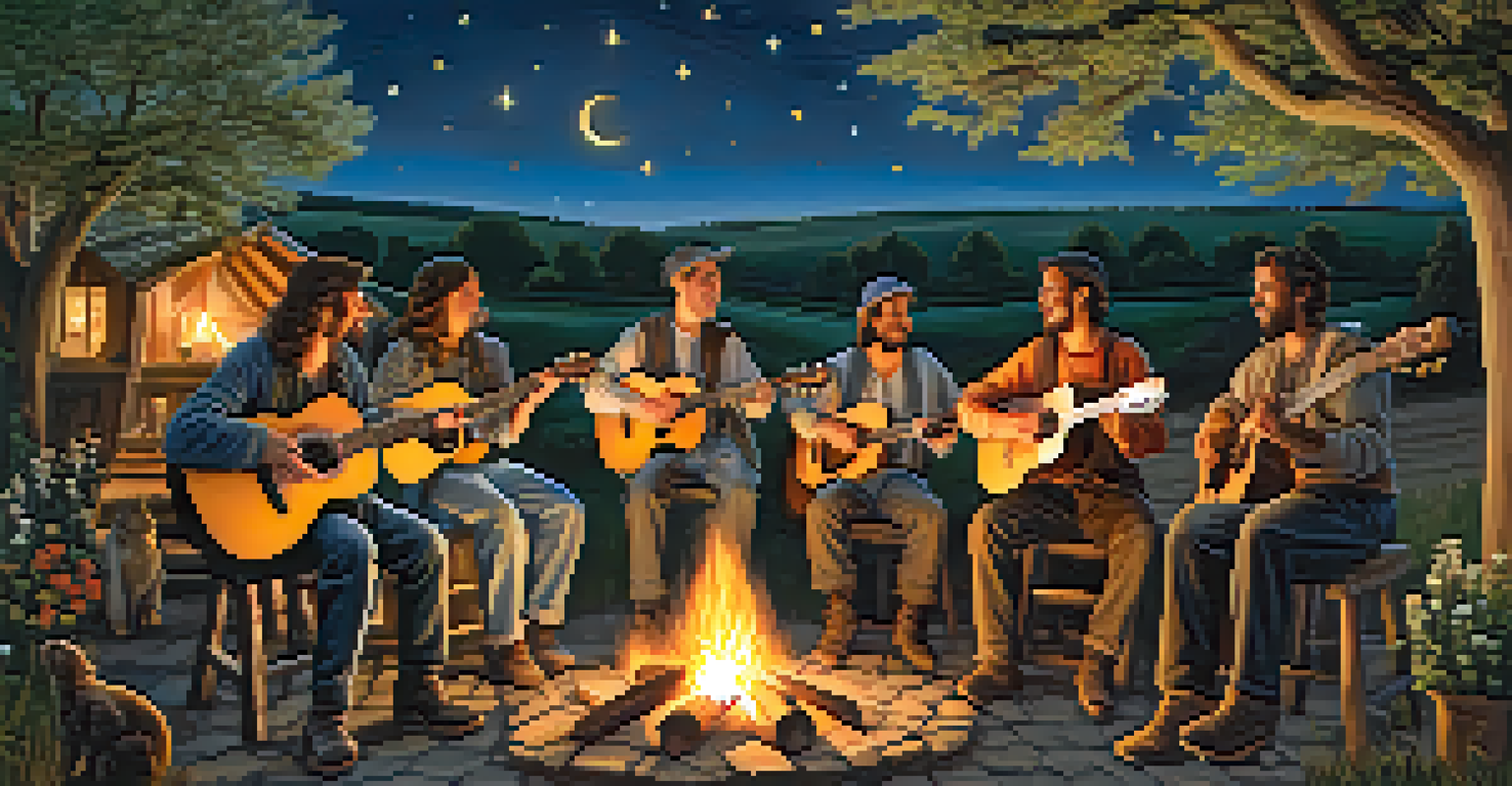 A group of diverse musicians playing guitars around a campfire under a starry night sky, celebrating folk music in a rustic outdoor setting.