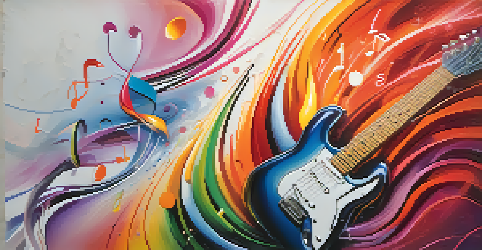 An abstract image of sound waves and musical notes flowing from an electric guitar, with vibrant colors blending together.