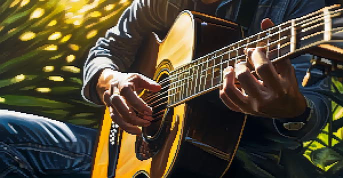 A close-up of a guitarist's hands playing fingerstyle on an acoustic guitar in a sunny outdoor setting.