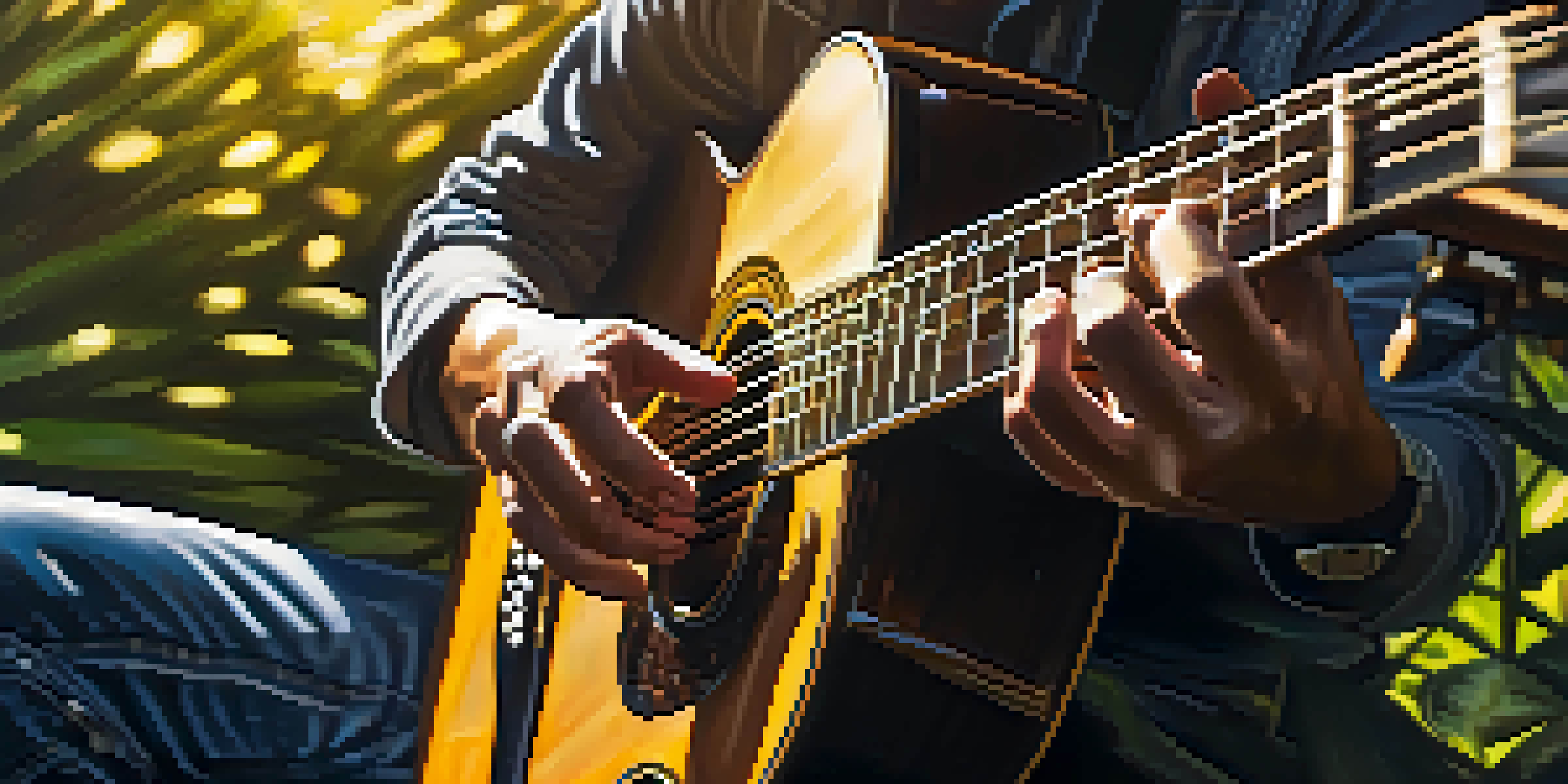 A close-up of a guitarist's hands playing fingerstyle on an acoustic guitar in a sunny outdoor setting.