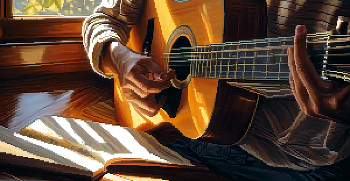A person playing an acoustic guitar with soft sunlight illuminating a cozy room filled with floating musical notes.