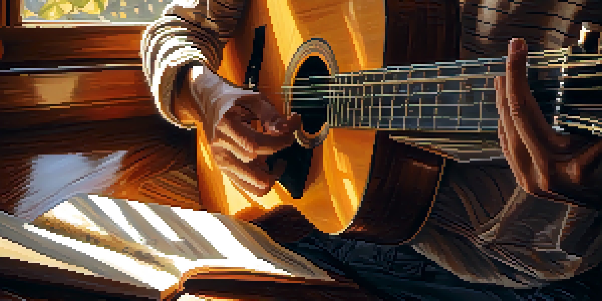 A person playing an acoustic guitar with soft sunlight illuminating a cozy room filled with floating musical notes.