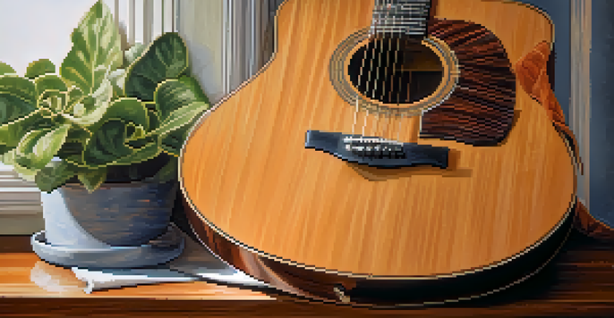 A guitarist cleaning an acoustic guitar with a microfiber cloth in a cozy living room, focusing on the guitar's wood grain and finish.