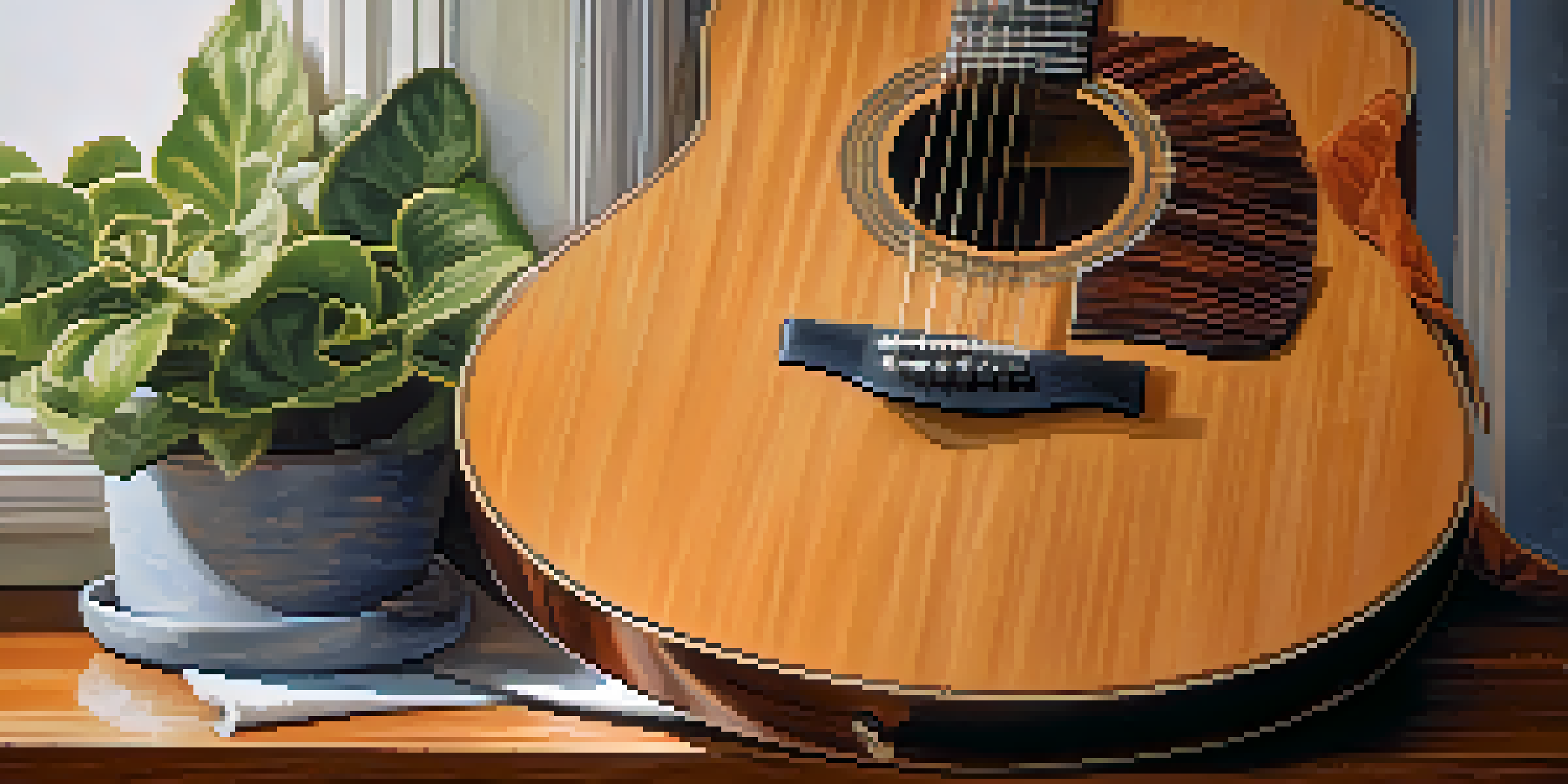 A guitarist cleaning an acoustic guitar with a microfiber cloth in a cozy living room, focusing on the guitar's wood grain and finish.