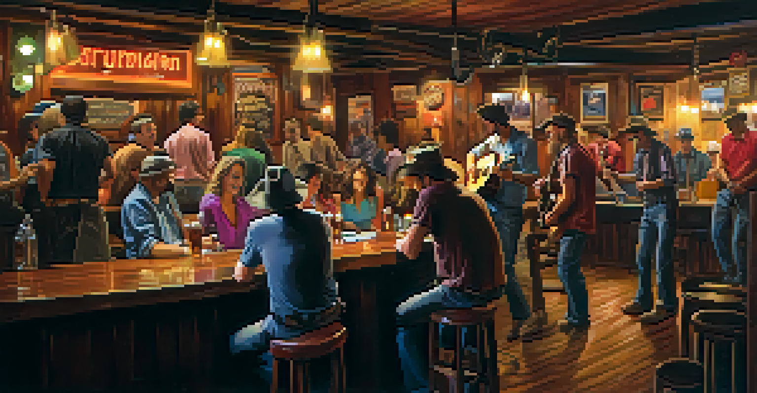 Musicians performing in a dimly lit country bar, with a guitarist playing in C6 tuning, surrounded by an enthusiastic audience.