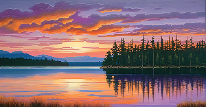 A colorful sunset over a calm lake with silhouetted pine trees in the foreground.