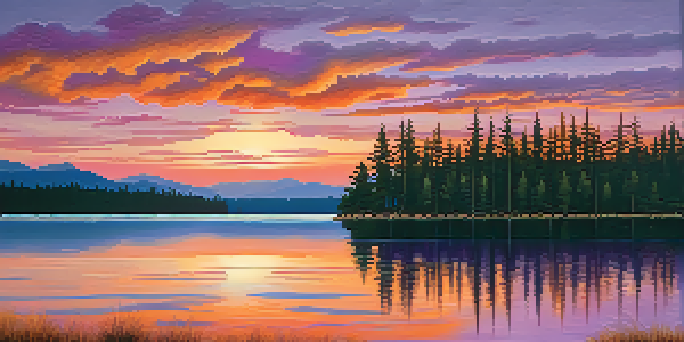 A colorful sunset over a calm lake with silhouetted pine trees in the foreground.