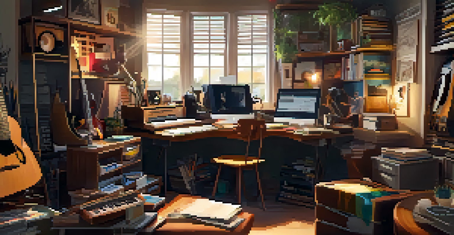 A guitarist's creative workspace filled with instruments and tools, illuminated by warm ambient lighting, reflecting the artist's personality.