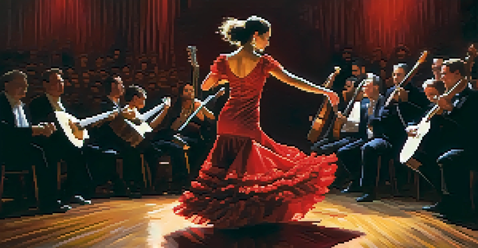 A flamenco guitarist in a red and black outfit playing passionately on stage, with a dancer in the background.