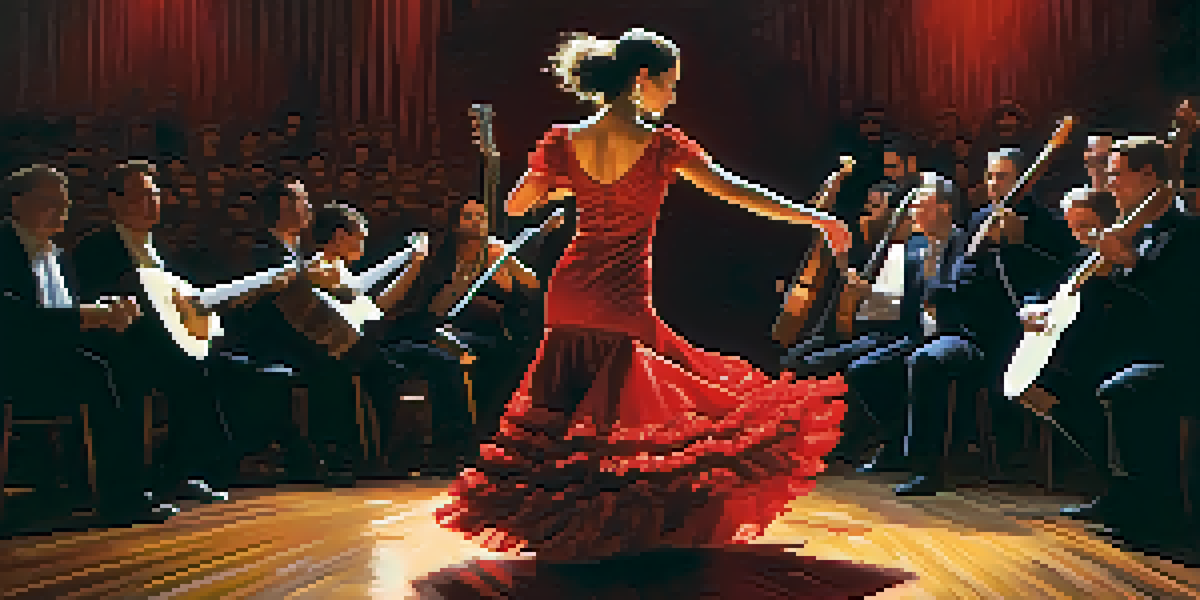 A flamenco guitarist in a red and black outfit playing passionately on stage, with a dancer in the background.