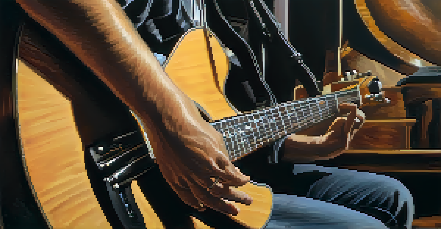 A close-up of a guitarist's hands playing in open tuning, showcasing fingerstyle techniques with warm lighting emphasizing the guitar's wooden texture.