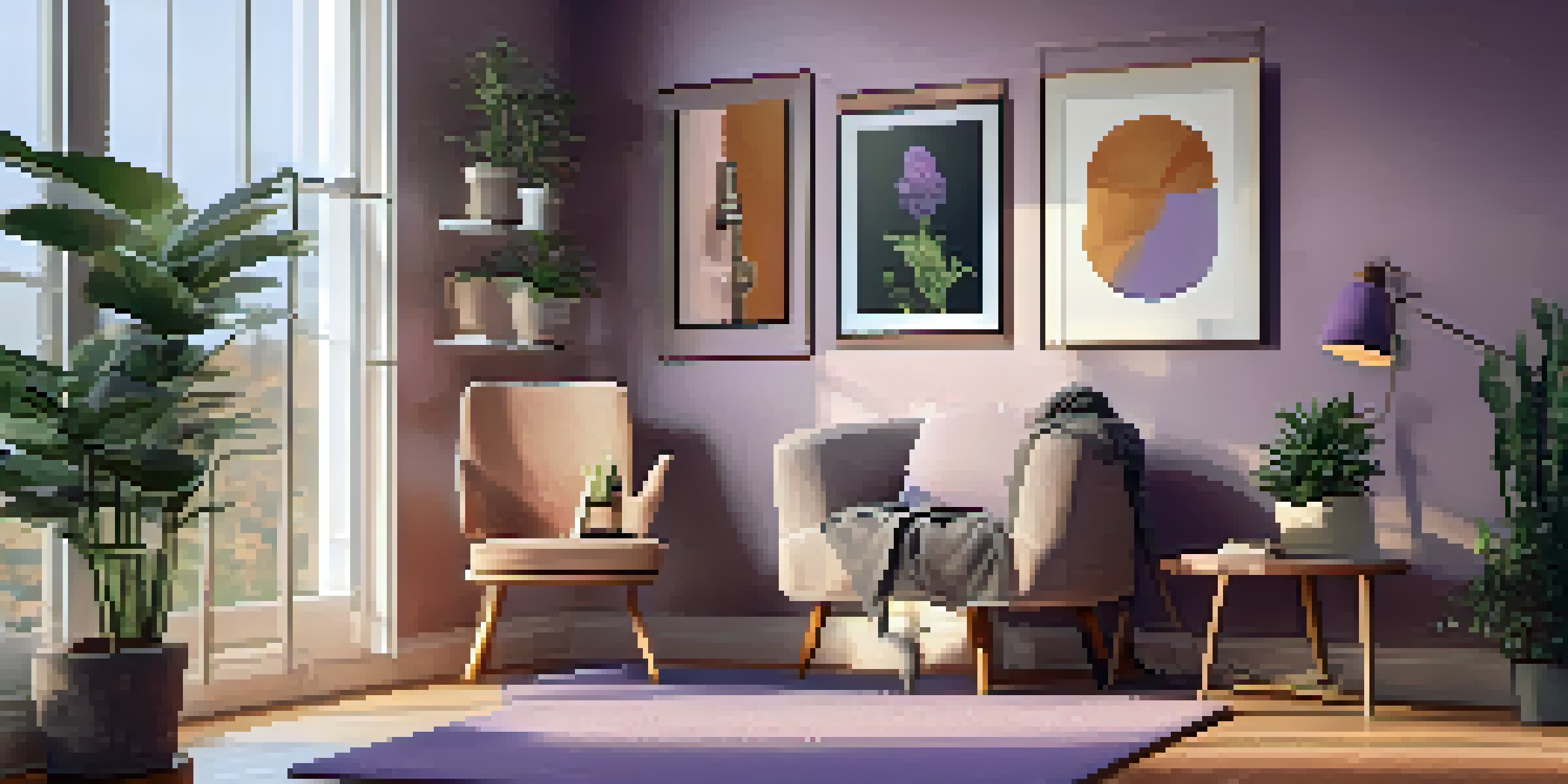 A warm and inviting room set up for playing guitar, with soft lighting, a comfortable chair, and plants.