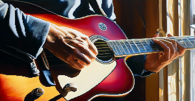 A close-up view of a guitarist's hands strumming a guitar, with sunlight streaming through a window, showcasing the intricate details of the guitar and the musician's fingers in action.