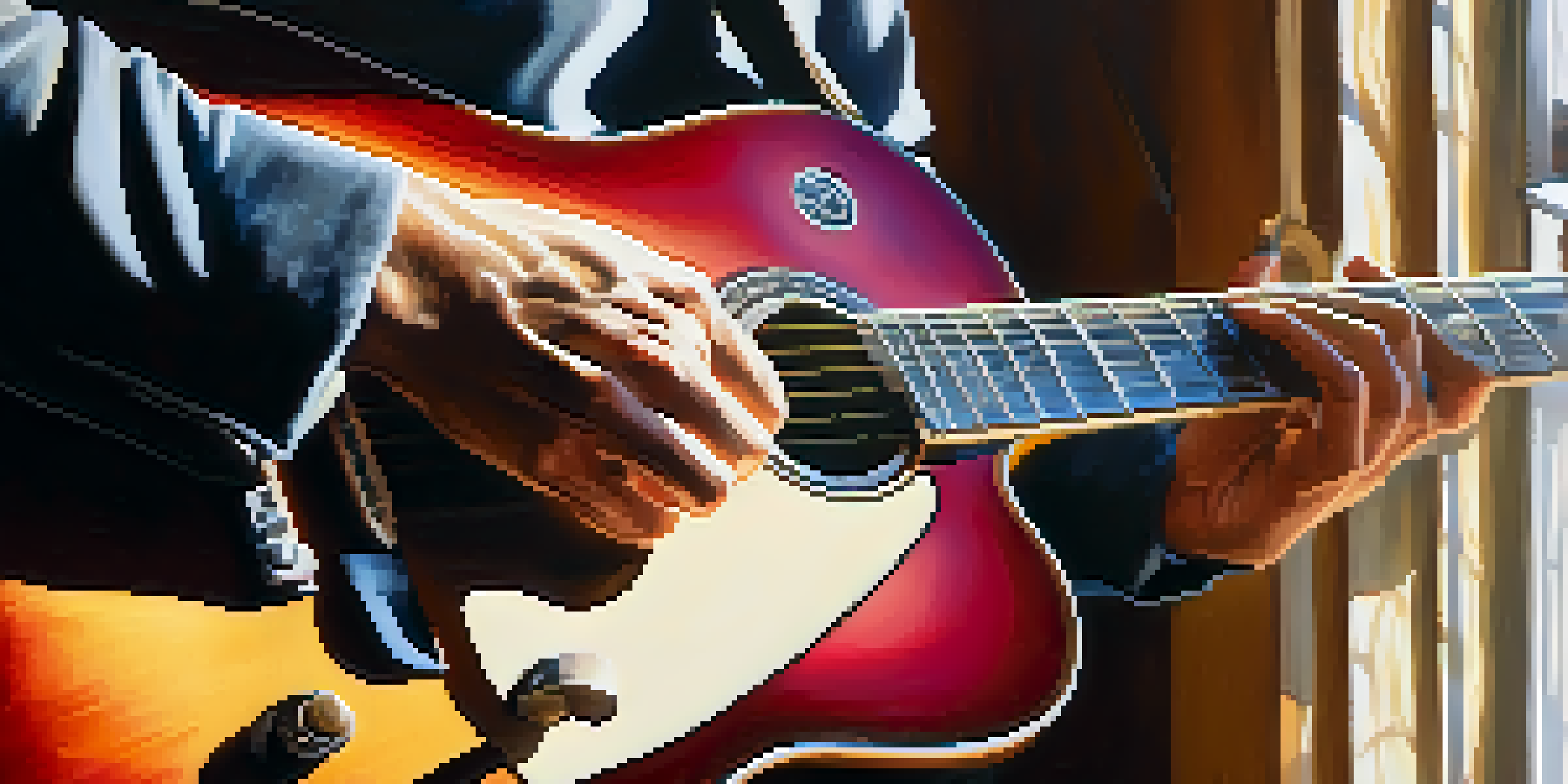 A close-up view of a guitarist's hands strumming a guitar, with sunlight streaming through a window, showcasing the intricate details of the guitar and the musician's fingers in action.