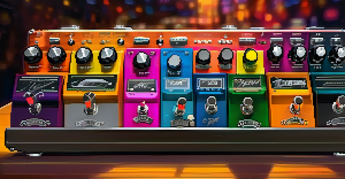 A detailed view of a colorful guitar pedalboard with various effects pedals in a warm stage setting.