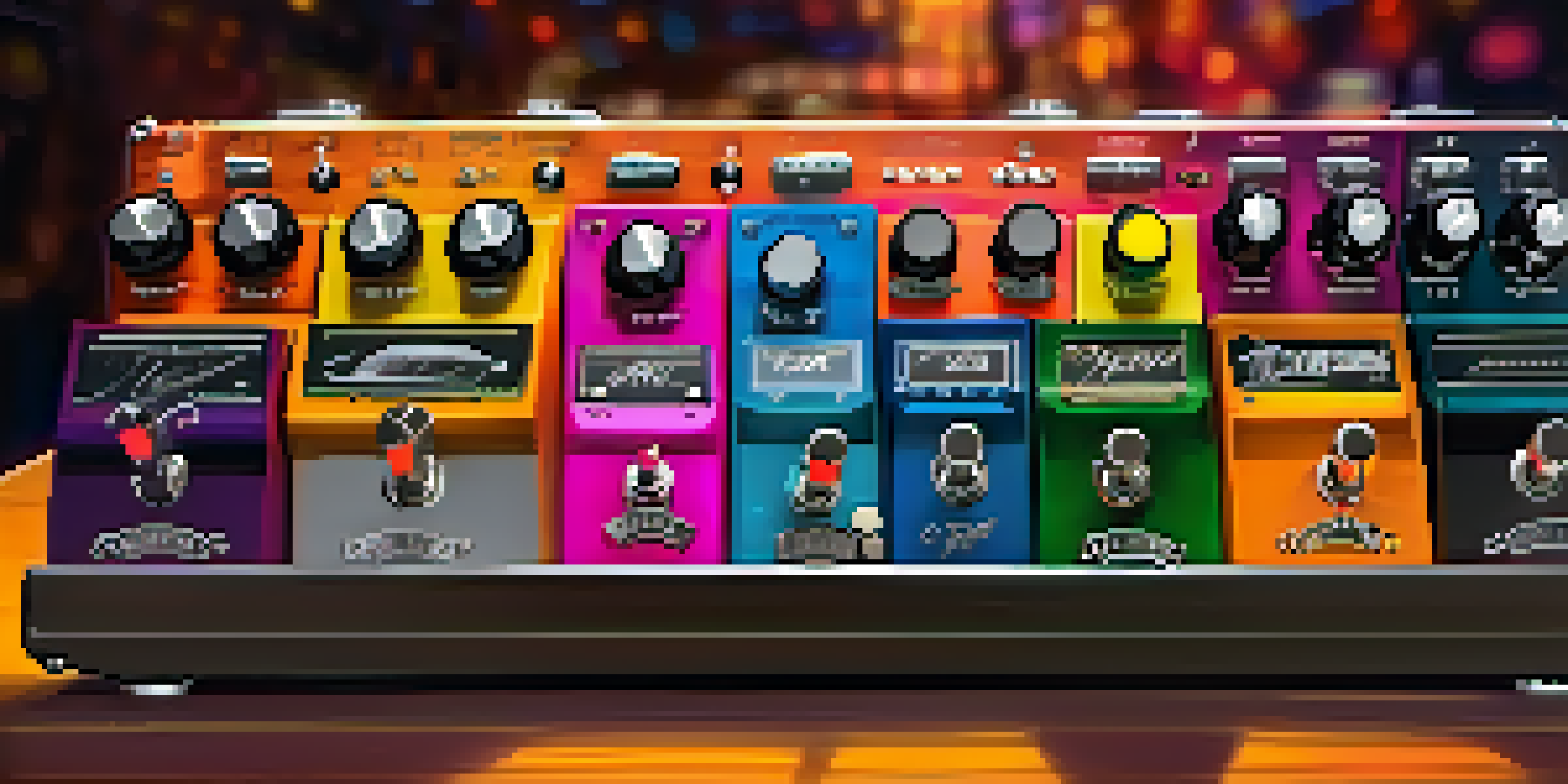 A detailed view of a colorful guitar pedalboard with various effects pedals in a warm stage setting.