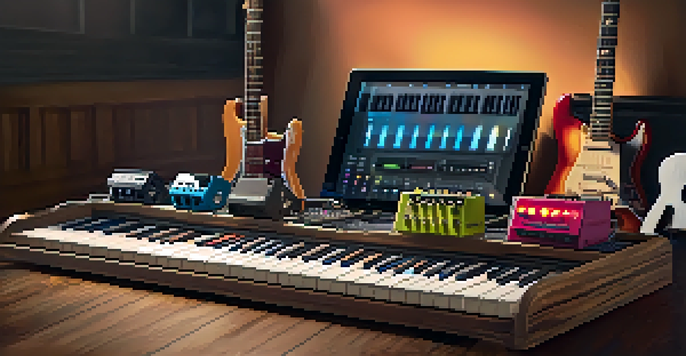 An organized pedalboard displaying various colorful guitar effects pedals in a warm, dimly lit room.