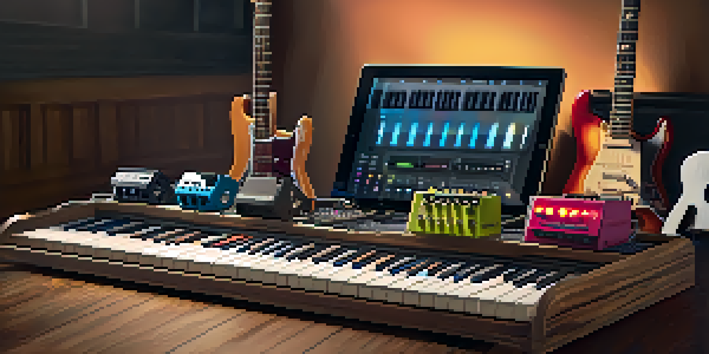 An organized pedalboard displaying various colorful guitar effects pedals in a warm, dimly lit room.