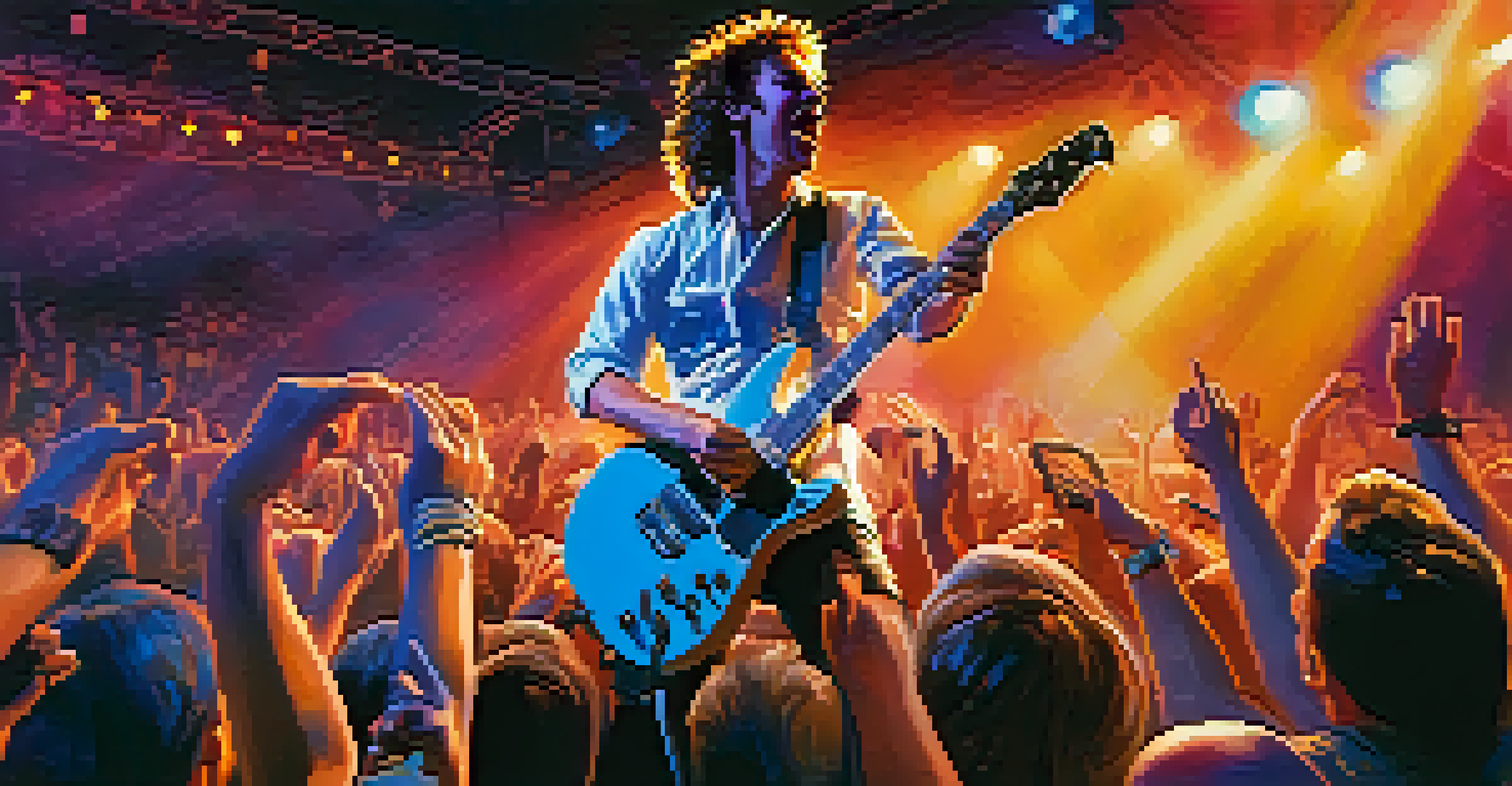 A band performing live on stage, with a lead guitarist mid-solo and an excited crowd.