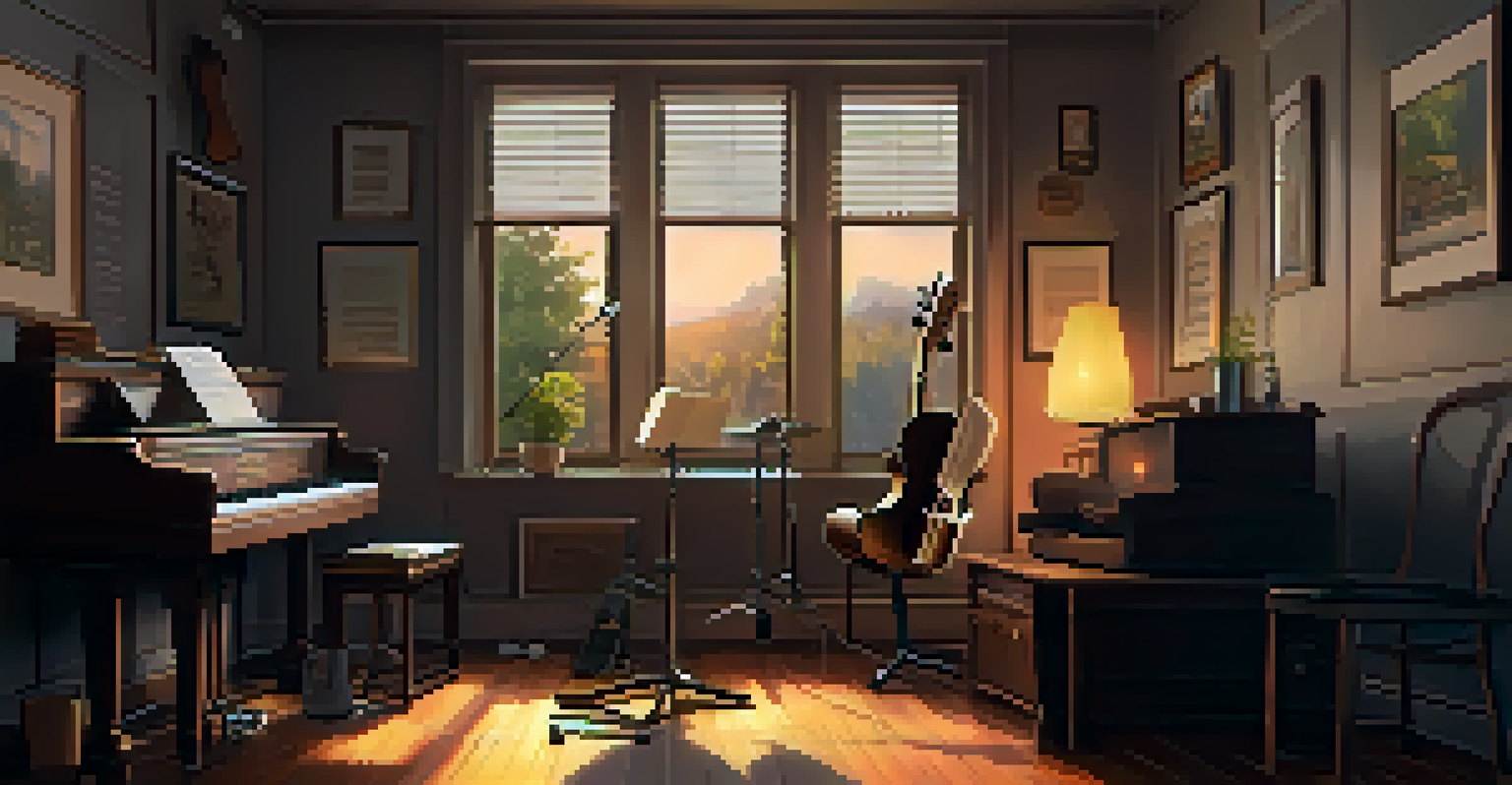 Indoor scene of a person practicing fingerpicking on a guitar with sheet music and a coffee mug.