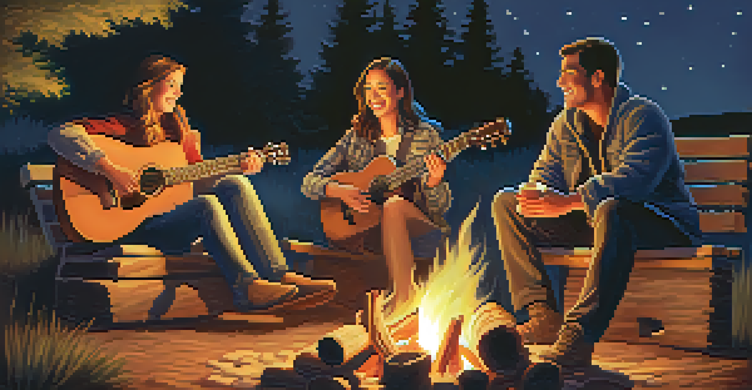 A group of friends around a campfire, with one playing an acoustic guitar, illuminated by the fire's glow under a starry night sky.