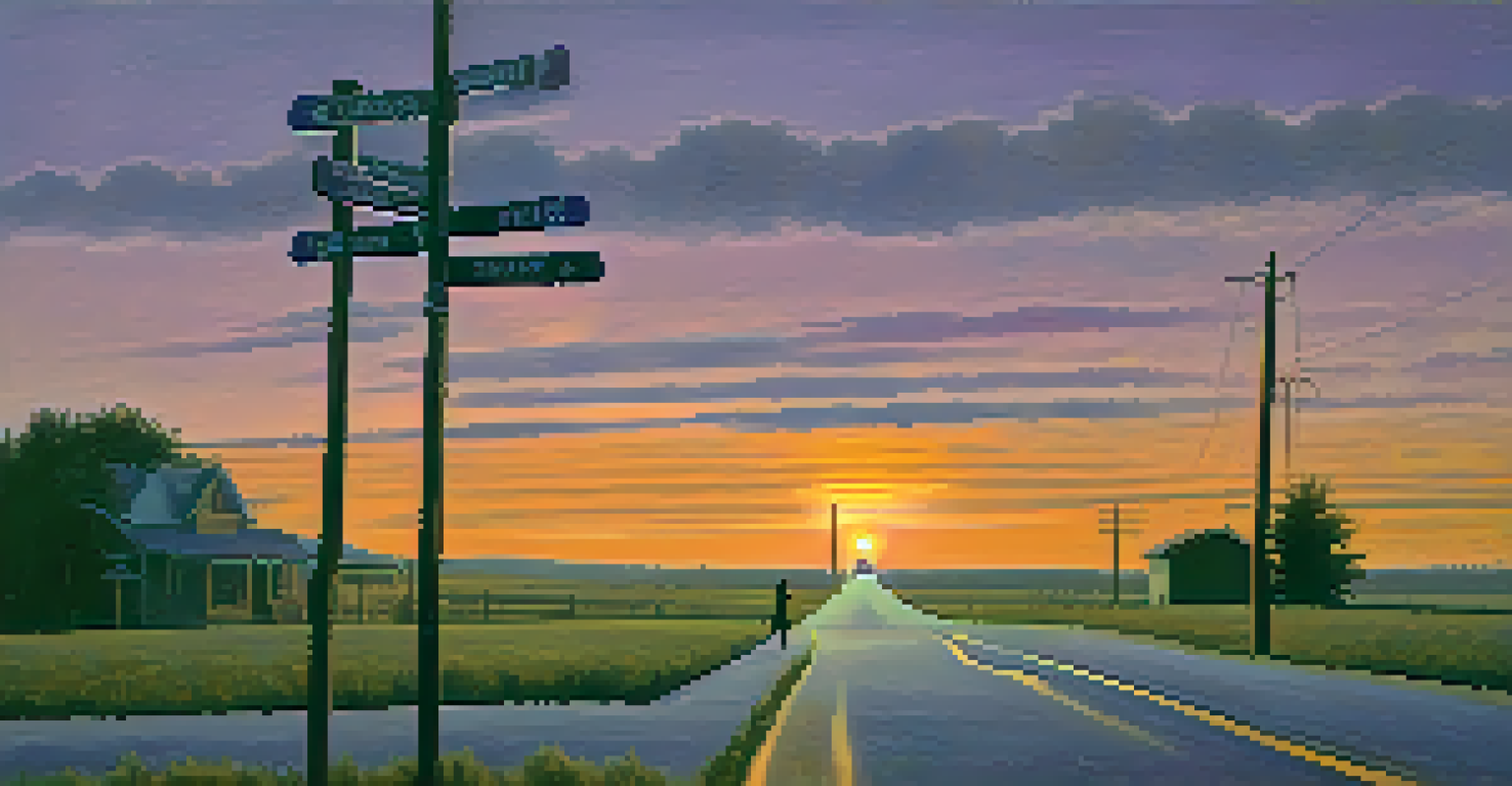 An image of a crossroads at twilight with a solitary figure and an old wooden signpost, evoking mystery and folklore.